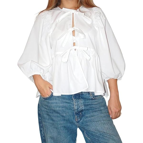 値下げ！ DOLL CHIFFON PUFF BLOUSE WHITE Hfyihgf Women's Summer Square Neck Smocked Babydoll Tops 3/4